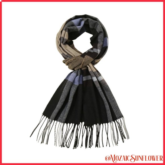 Plaid Fringe Hem Soft Scarf Shawl Primary Browns, Blues, and Accent White - Picture 4 of 5